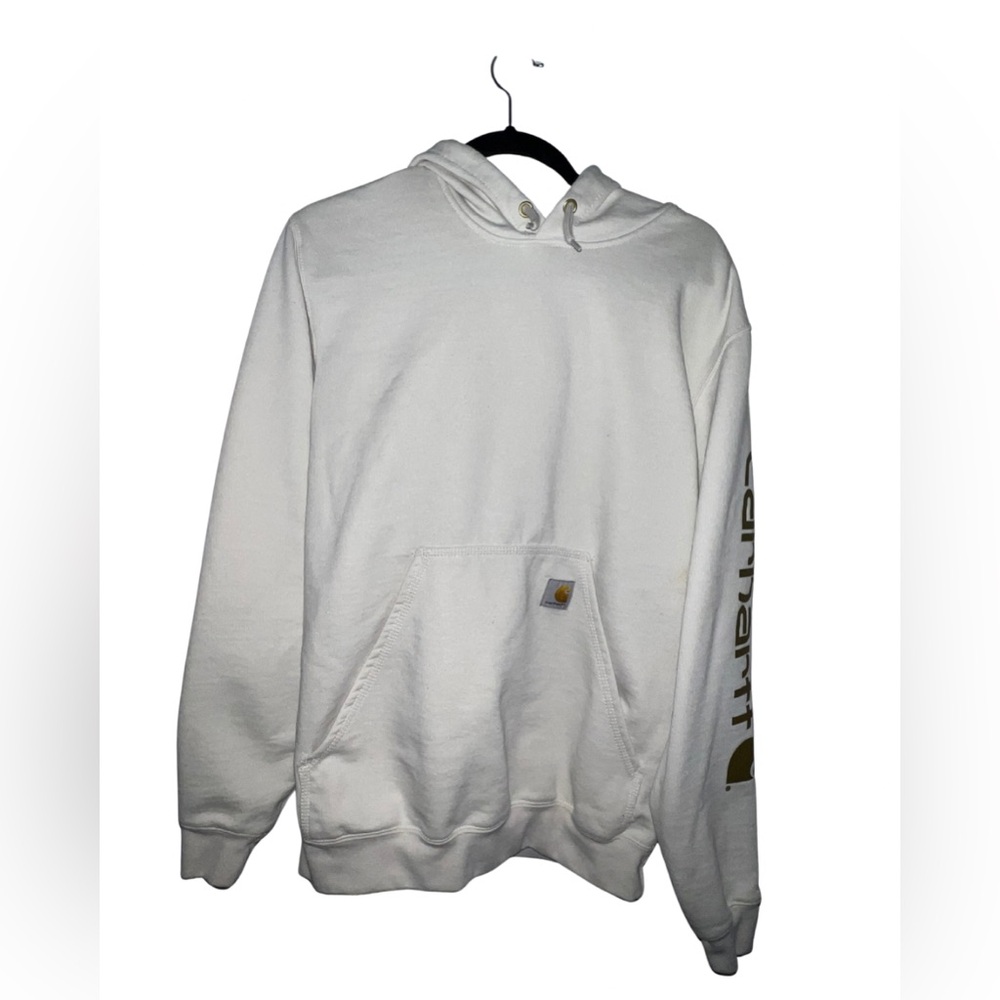Carhartt Loose Fit Cream Hoodie Sleeve Logo Pullover Size Small